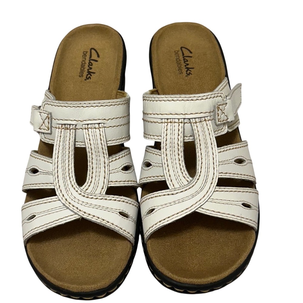 Clarks Bendables Womens White Leather Slide Sandals Wedge 37404 Size 8M - Picture 3 of 8